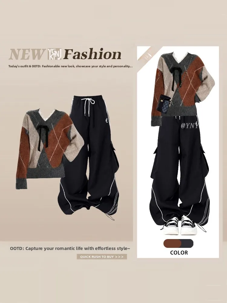 

Вязаный свитер с кружевным узлом в стиле ретро, зимние длинные брюки, женский модный комплект, повседневные спортивные брюки на шнурке Fem