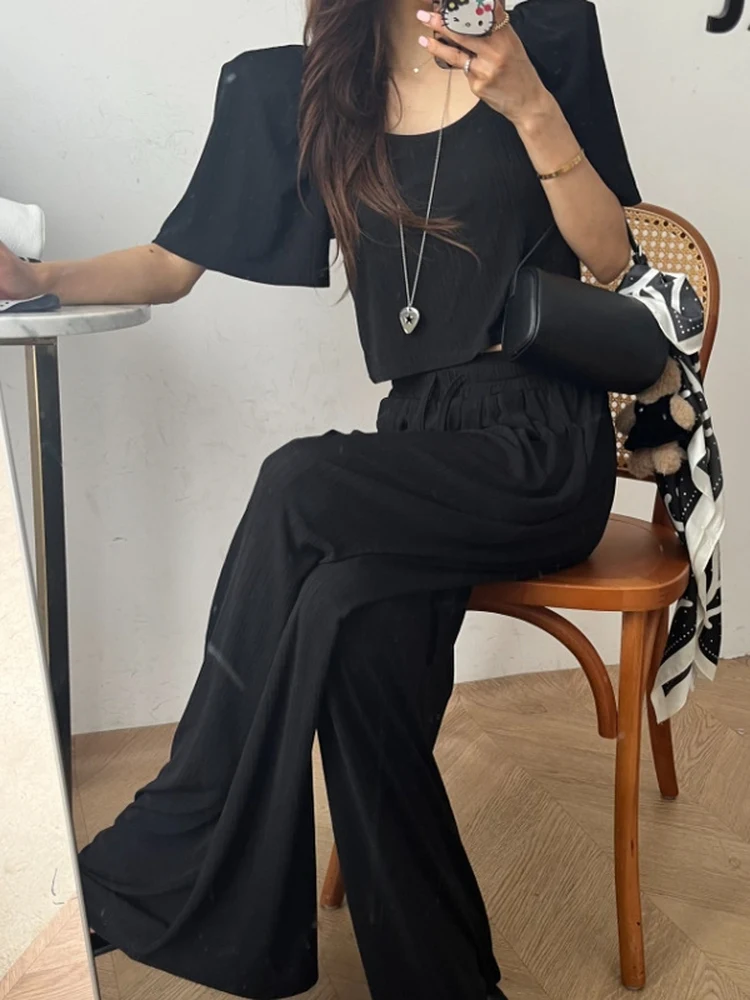 Bubble Sve ort Coat Women's Collar Slim Fit Top And Loose Wide Leg Pants Set Elastic Waisand Versatile Summer Outfit