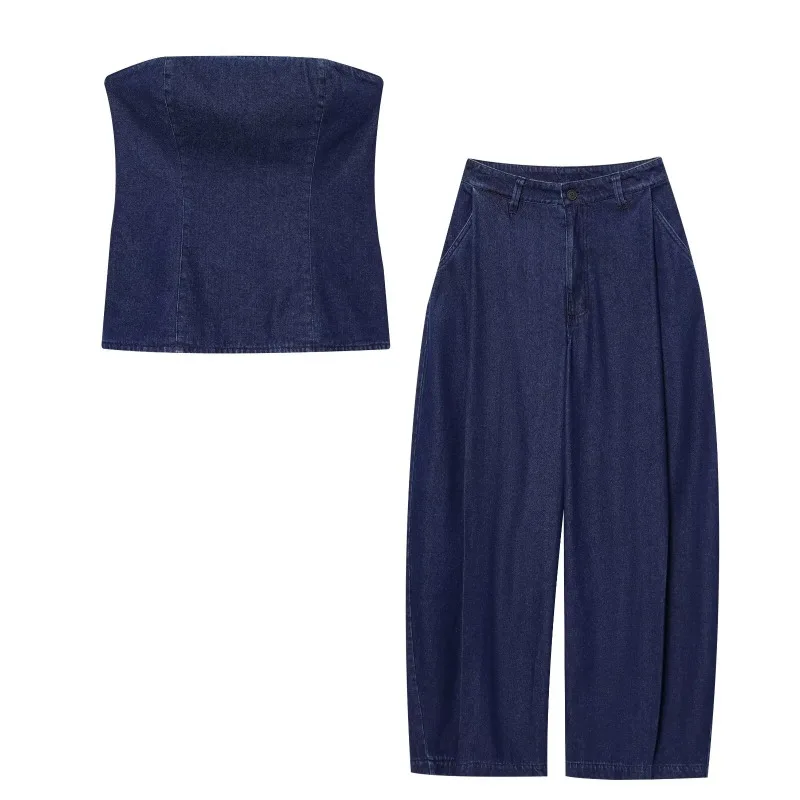 

TRAFZR Trousers Sets Women's Denim Tube Top & Wide-Leg Pants Set Vacation Outfits Woman New in Full Number Pant Two Pieces Suit