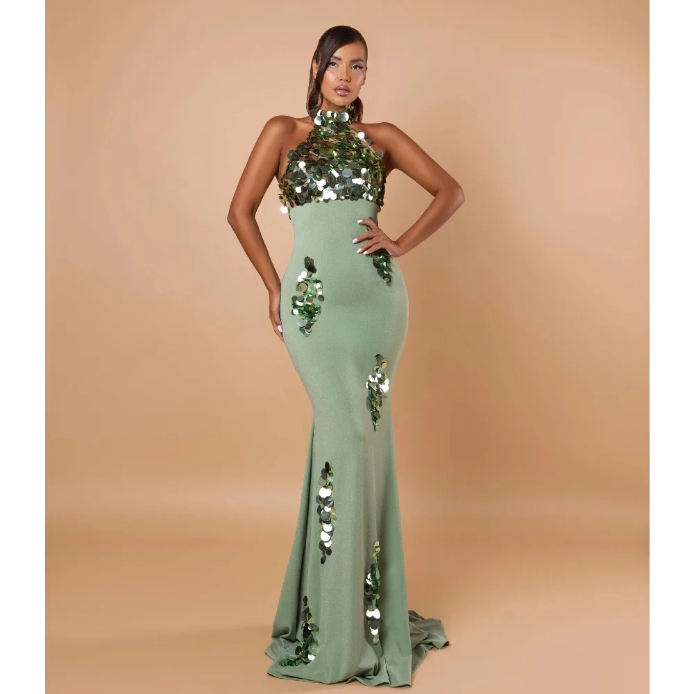 Stunning Green MermaidProm Dresses Glitter Sequins Halter Women Evening Gowns Backless Customized Special Occasion Gowns