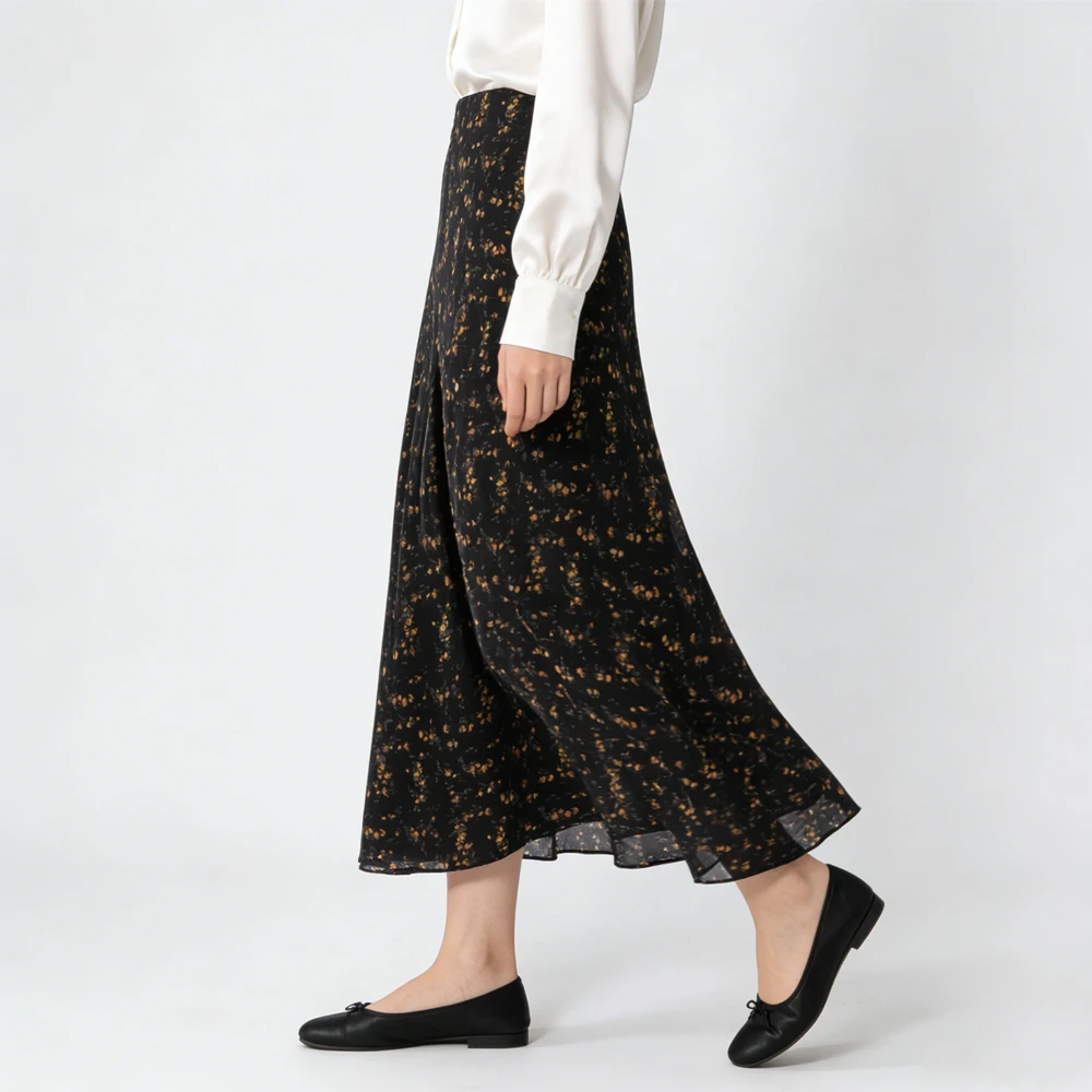 Women's Casual Summer New 100% Natural Mulberry Silk Double Crepe Diagonal Cut Large Swing Printed Bag Buttocks Fish Tail Skirt