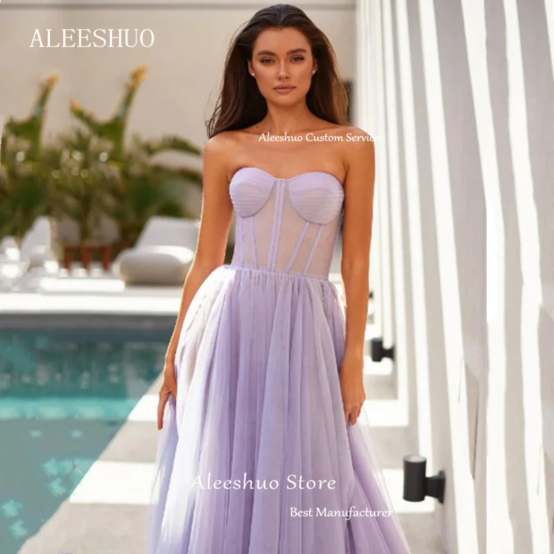 Aleeshuo-Lilac Net Prom Dress, Sem Mangas, A Line Party Dresses, Celebrity Strapless, Sem Costas, Vestido de Baile, Elegante