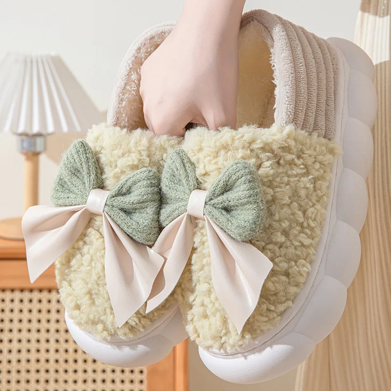 NONE Baumwollhausschuhe für Damen, Herbst und Winter, dicke Sohle, für den Innenbereich, warme Paare, Schuhe, Schleife, rutschfeste, flache Plattform, Damen-Slipper 5