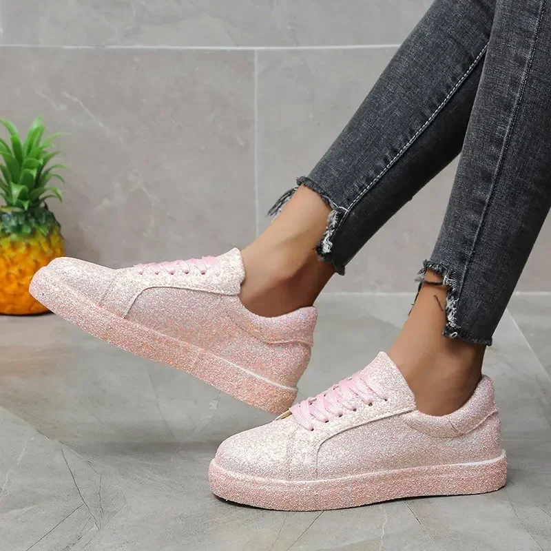 Women Glitter Flat Sneakers Casual Female Shoes Shiny Lace Up Bling Platform Sneakers Breathable Plus Size Vulcanized Shoes