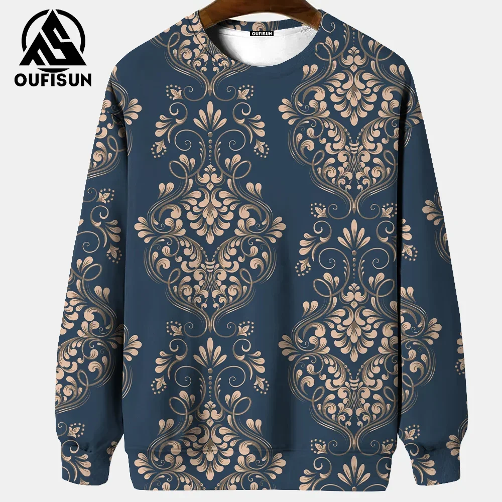 Vintage Men's Hoodies 3D Baroque Printed Long Sleeve T-Shirt European Luxury Style Men's Clothing Oversized Men's Sweatshirt