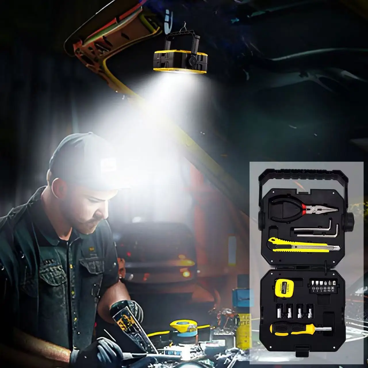 Multifunctional Powerful  Searchlight Solar Flashlight USB Rechargeable LED Camping Lantern with Toolbox Outdoor Portable Light