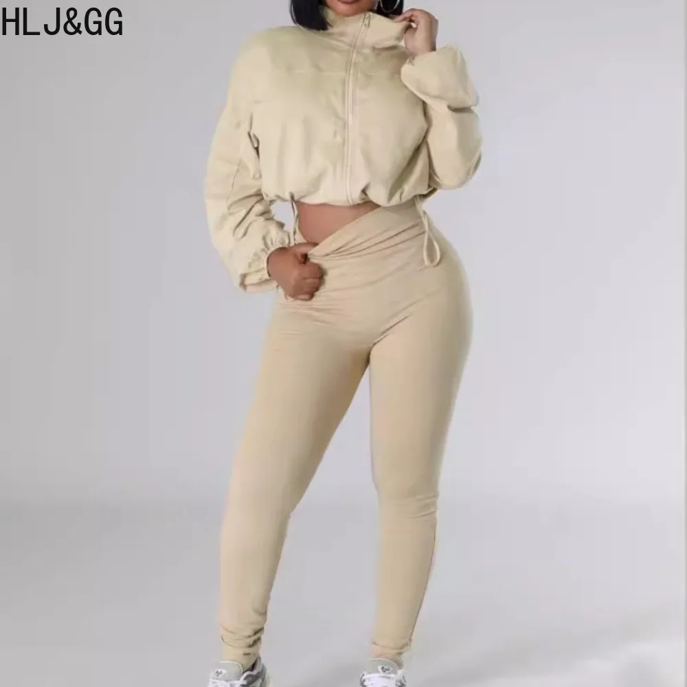 

HLJ&GG Autumn White Casual Solid Color Sporty Skinny Pants Two Piece Sets Women Zipper Long Sleeve Crop Top + Pants Outfits 2024