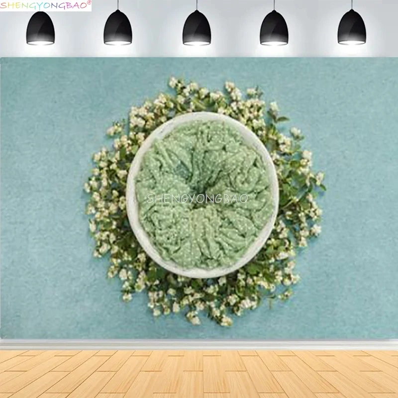 Newborn Backdrop For Photography Wooden Basket With Stuffing Floral Wreath Background Hundred Days Baby Photo Studios Prop YM-07