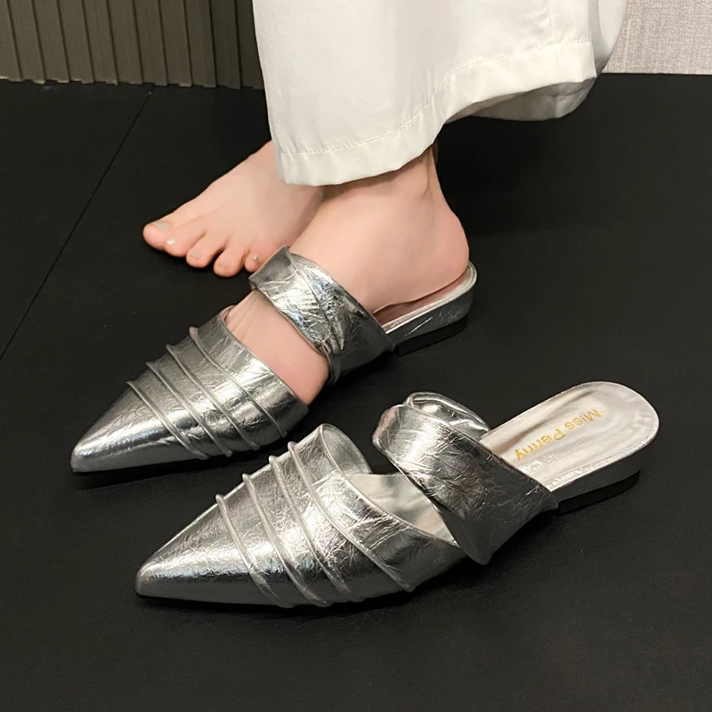 

Тапочки с острым носком, женские туфли-лодочки, сандалии на плоской подошве, лето 20%, дизайнерская брендовая кожаная обувь, шлепанцы с открытой пяткой, Mujer, шлепанцы