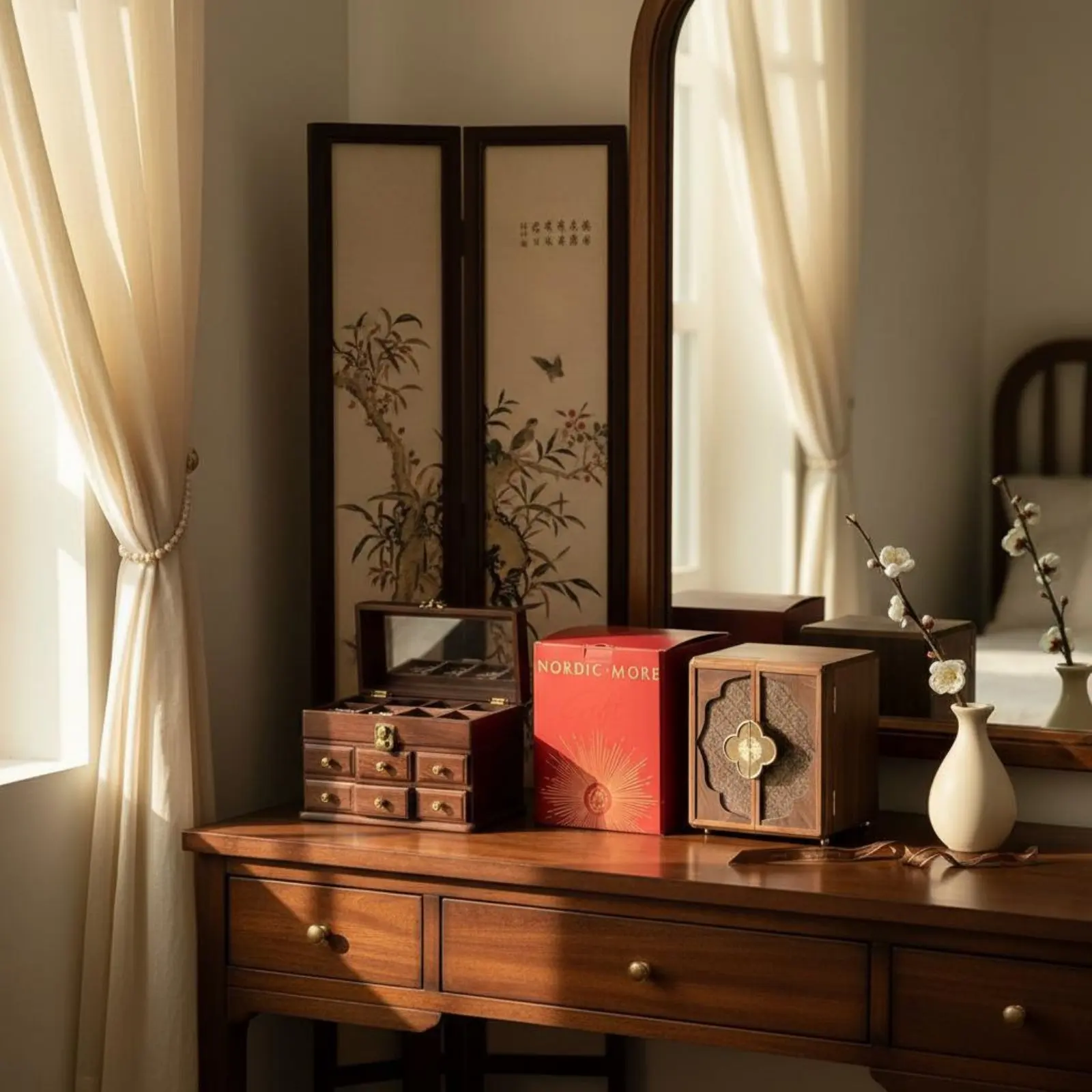 Caixa de Joias de Madeira com Novo Design Chinês, Armário de Joias de Vários Níveis, Armazenamento Doméstico à Prova de Poeira para Mulheres