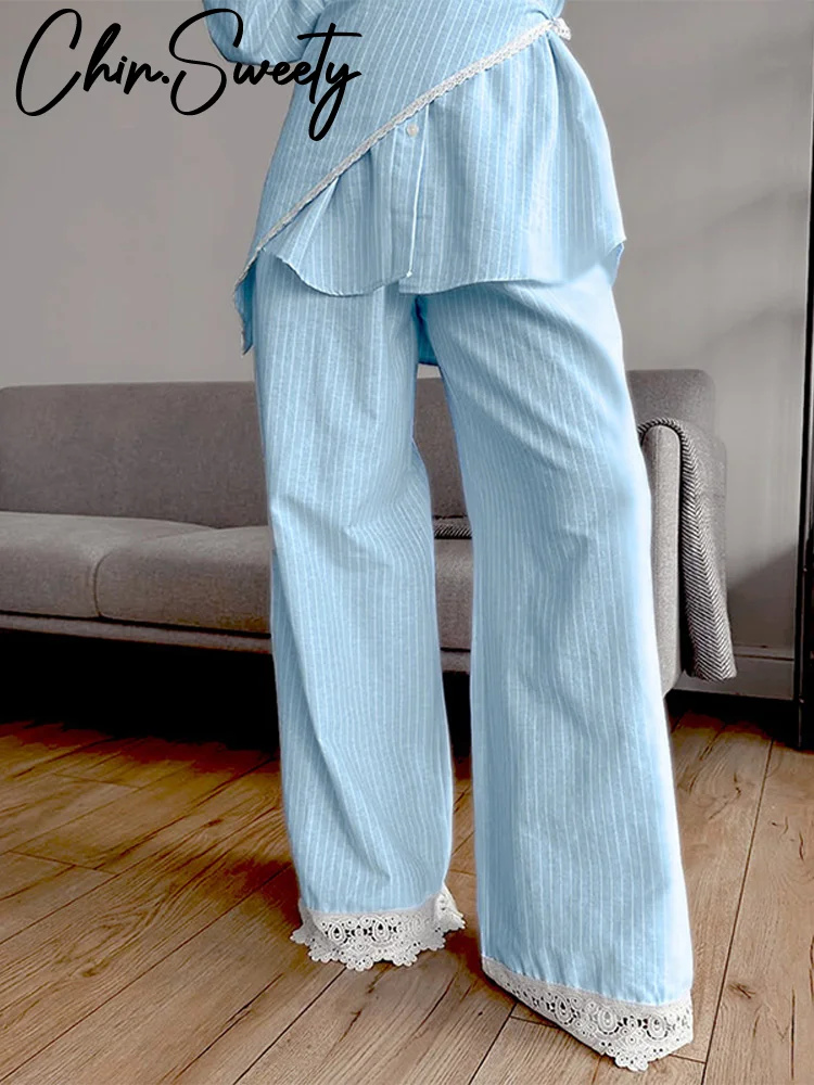 

Повседневные рубашки в полоску с поясом, брючные костюмы, рубашка с длинными рукавами и лацканами, кружевные лоскутные брюки, женские комплекты, осенний офисный комплект 2023 г.