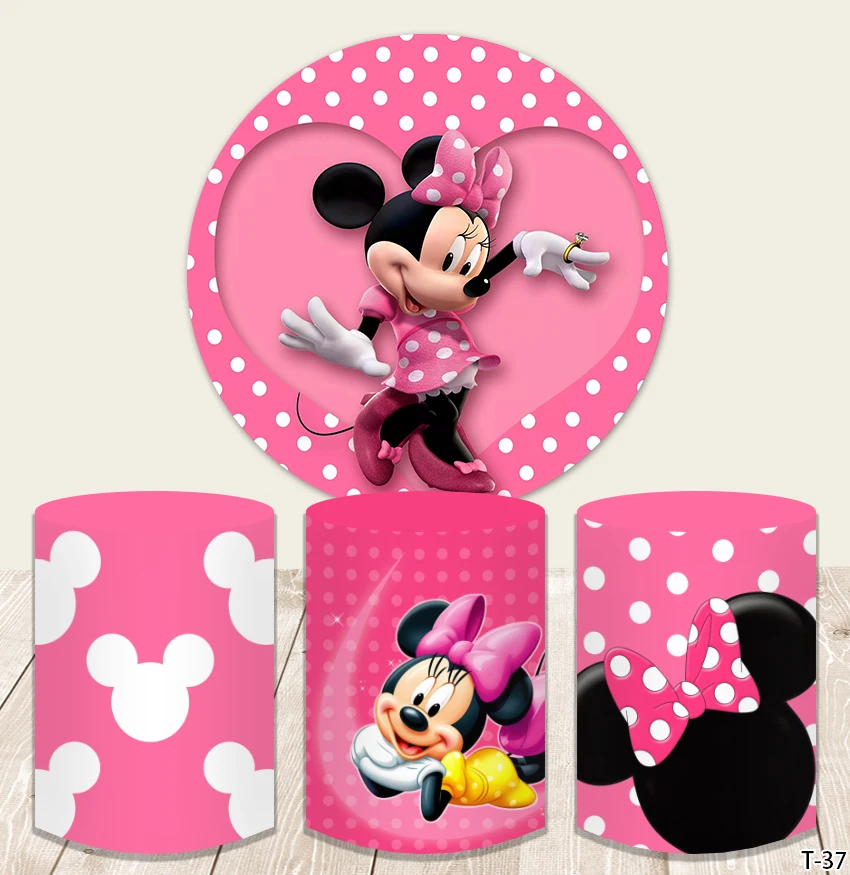 

Pink Minnie Mouse Rings Baby 1st Birthday Party Docr Round Background Birthday Photography Circle Backdrops Photographic Covers