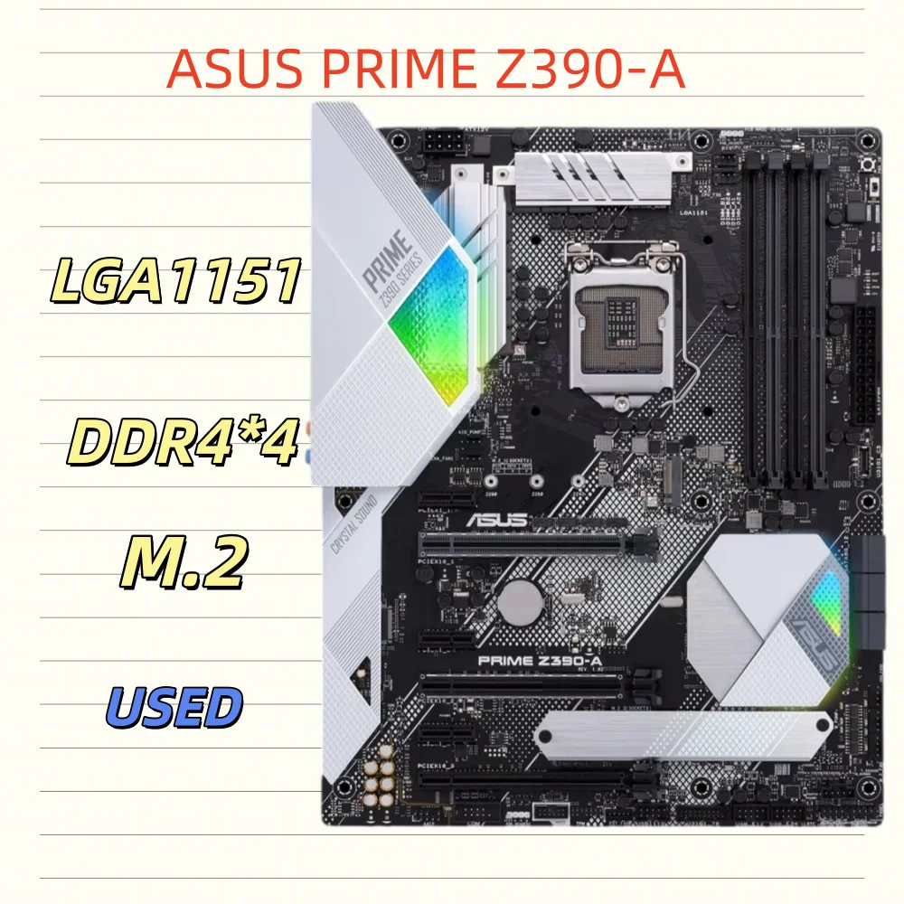 ASUS PRIME Z390-A motherboard, supporting 8th/9th generation Intel CPUs, with four DDR4 slots and PCI-E support.