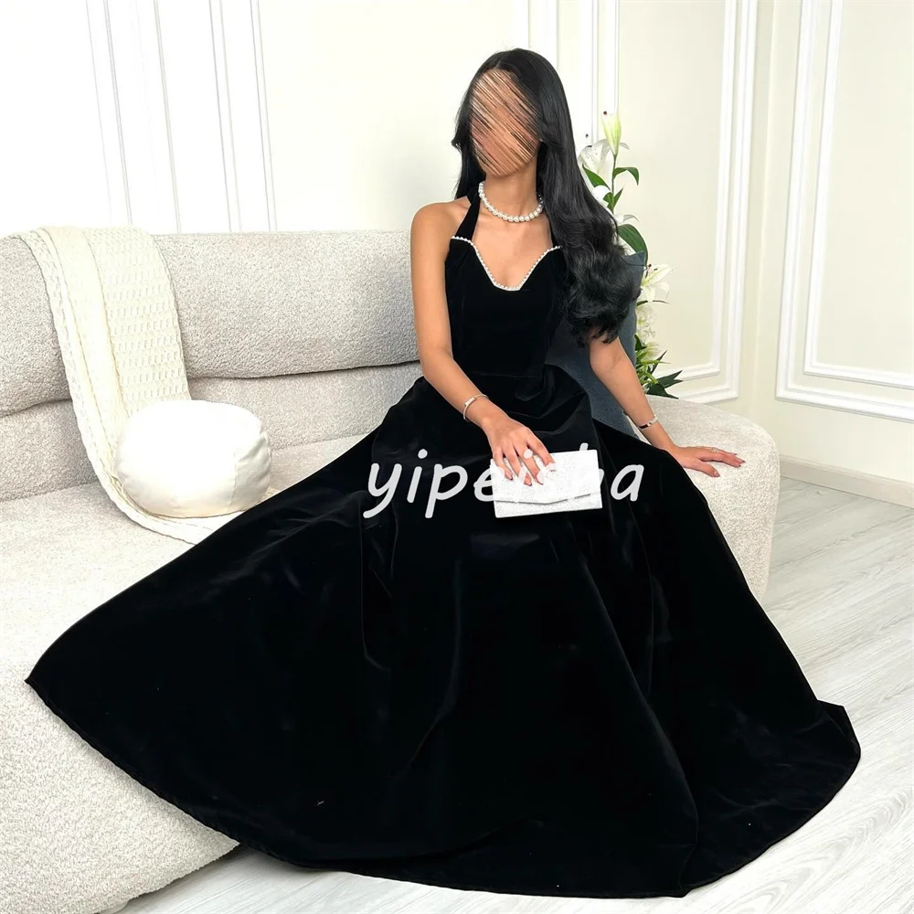 Customized Exquisite Elegant Velour Pearl Pleat A-line Halter Long Dresses Bespoke Occasion Dresses High Quality Sizes Available