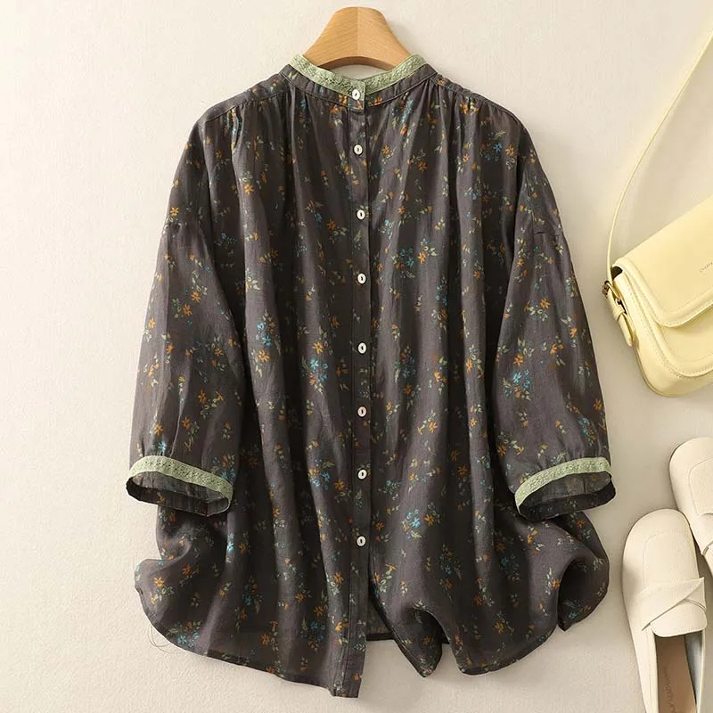 

Light Breathable Ramie Floral Shirt Women's New Summer 2025 Wear Cotton Linen Cropped Sleeve Tops Shirts