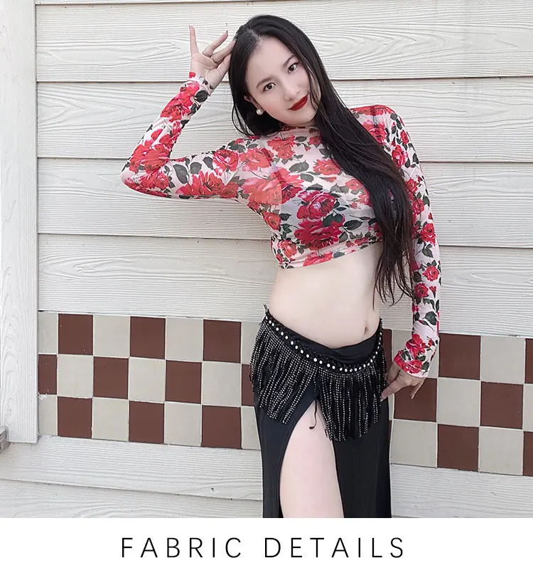 New Autumn and Winter Belly Dance Training Printed Sexy Leaky Waist Top+Split Skirt 2-Piece Oriental Dance Performance Suit Set