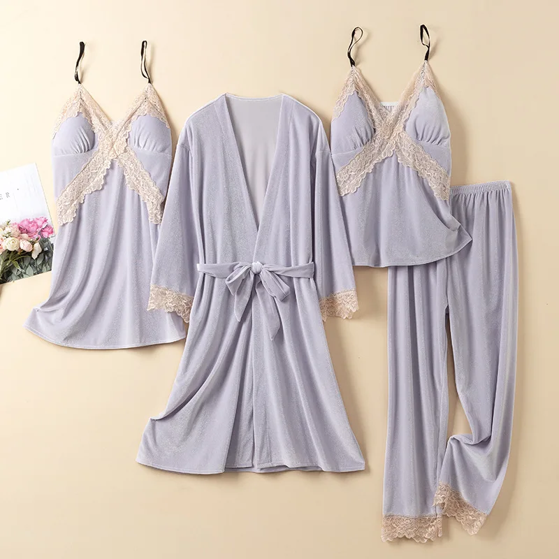 

Four Piece Velour Pajamas Set Autumn Winter Velvet Sleepwear Bathrobe Nightgown Sleep Suit Women Lace Robe Pijamas Lingerie