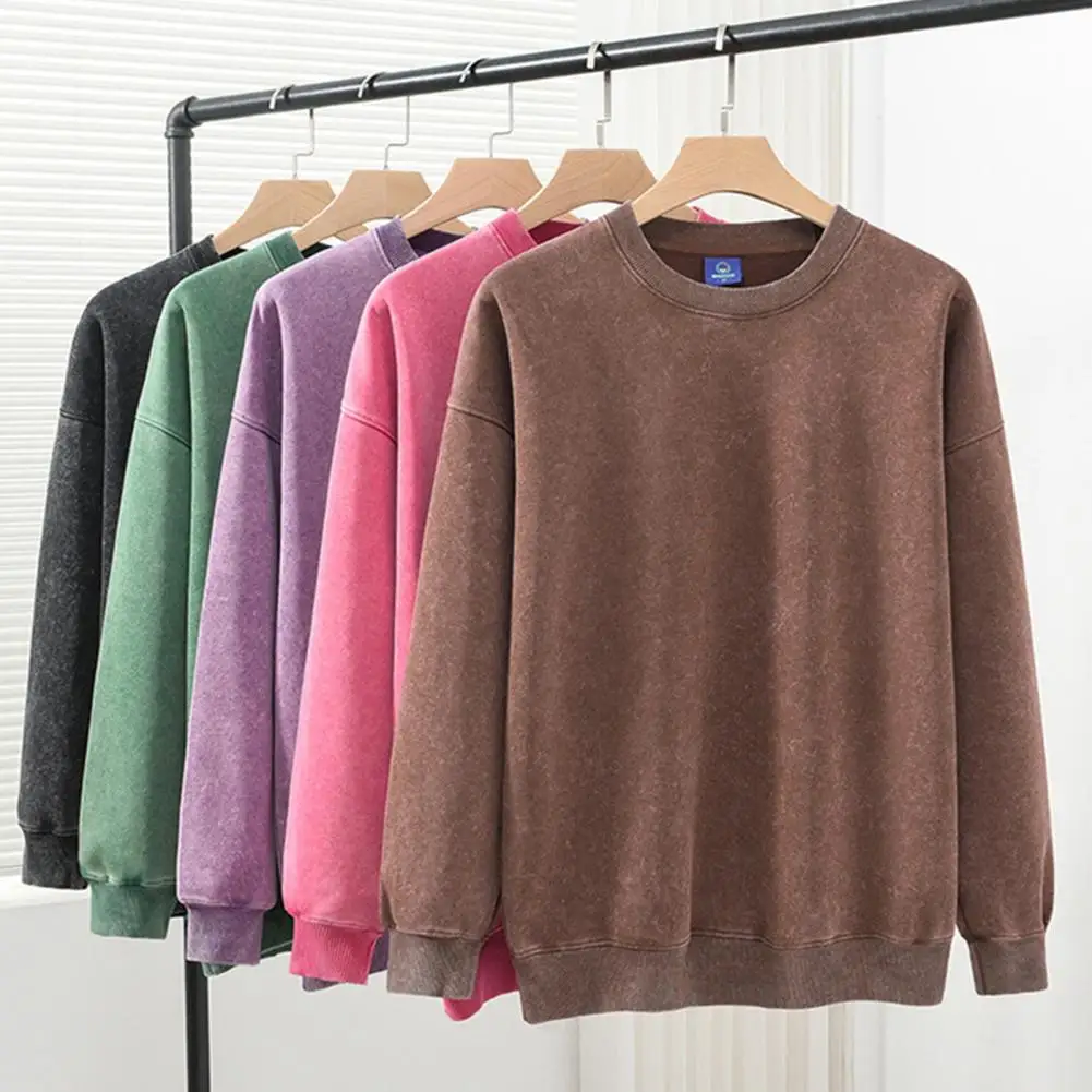 Ribbed Collar Long Sleeve Top Stylish Unisex Distressed Cotton Sweatshirt with Elastic Cuffs Hem for Spring Fall for Vacation