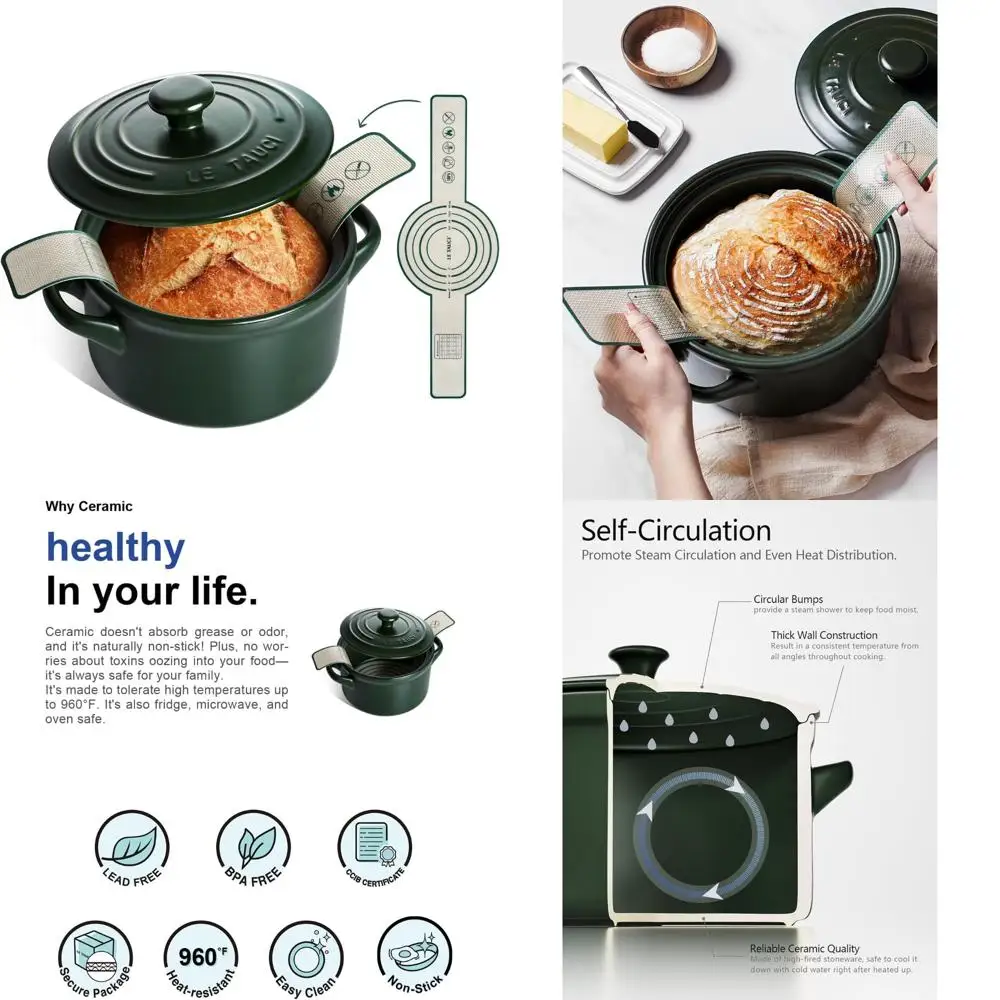 

Керамическая голландская духовка для выпечки хлеба — легкая, нетоксичная, не требующая приправ, безопасная для духовки и микроволновой печи, с силиконовым ремнем,