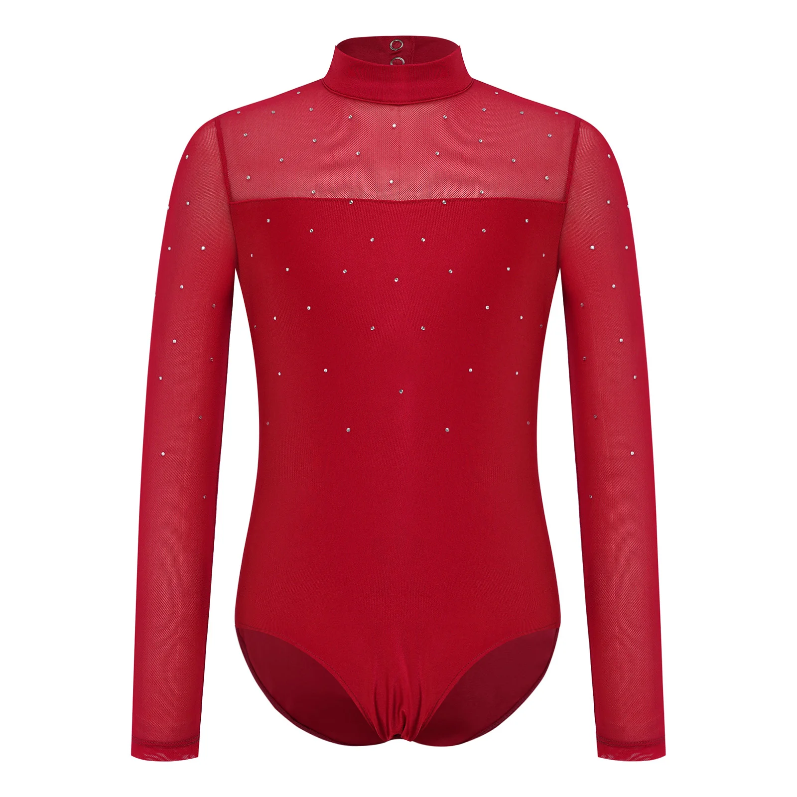 

Girls Gymnastics Dance Bodysuit Long Sleeve Rhinestone Mesh Patchwork Keyhole Back Jumpsuit Ballet Latin Dance Leotards Clothes