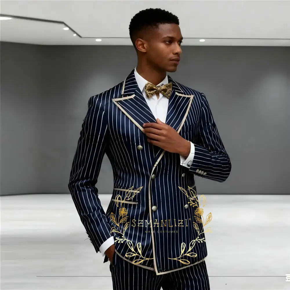

Navy Blue Striped Suit For Men Double Breasted Wedding Groom Tuxedo Groomsmen Suits Male Smoking Costume Homme Blazer Sets Pants