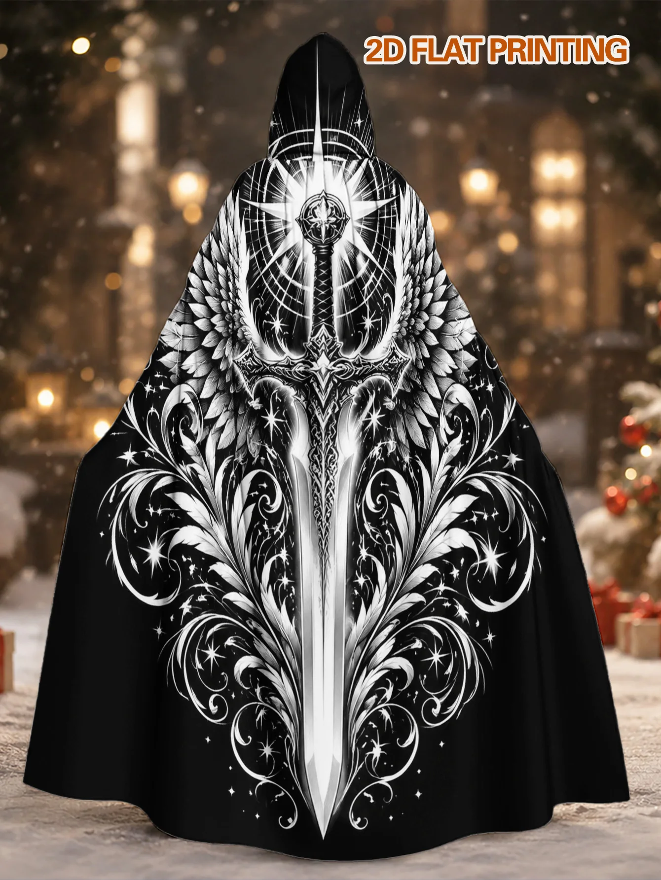 Customization 1pc, Halloween & Christmas Hooded Cloak With Ornate Silver Sword With Wings Design, Full-Length Adult Cape For Cos