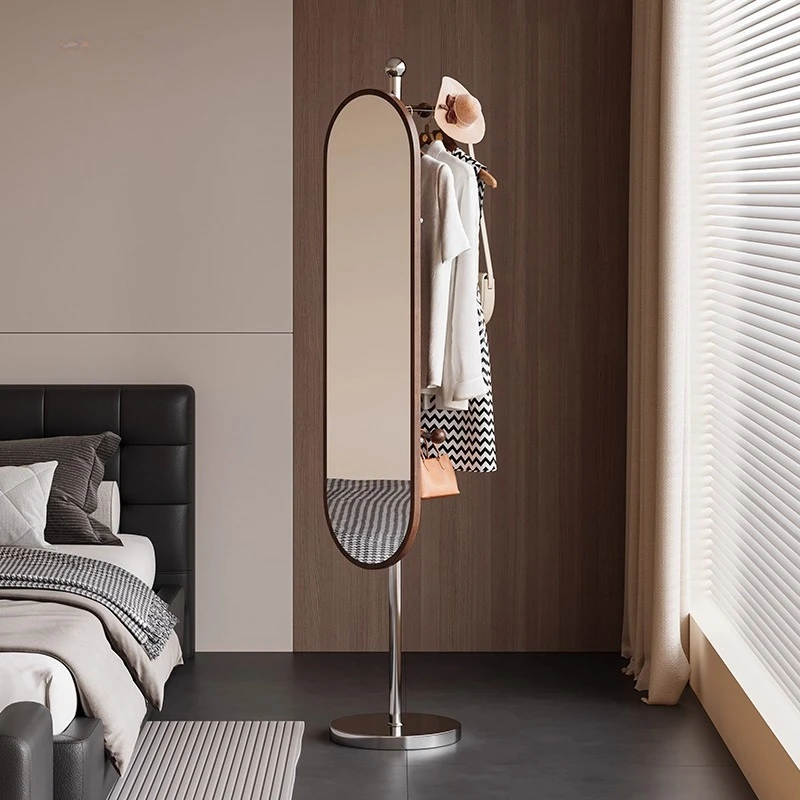 Bedroom household floor-to-ceiling coat rack Rotatable full-length mirror Walnut hanger integrated