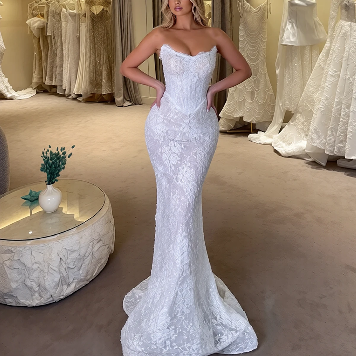 

Elegant Mermaid Strapless Lace Wedding Dresses With Train Sheath Long Bridal Party Gown For Bride Vestidos Novia