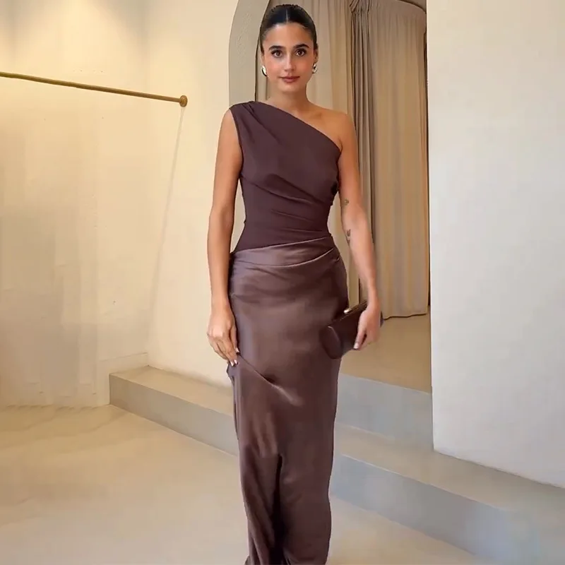 High-End Elegant Asymmetric Shoulder Shirring Paneled Design Slim-Fit Gown Sleeveless Solid Hot Girl Vibe Bodycon Chic Dress