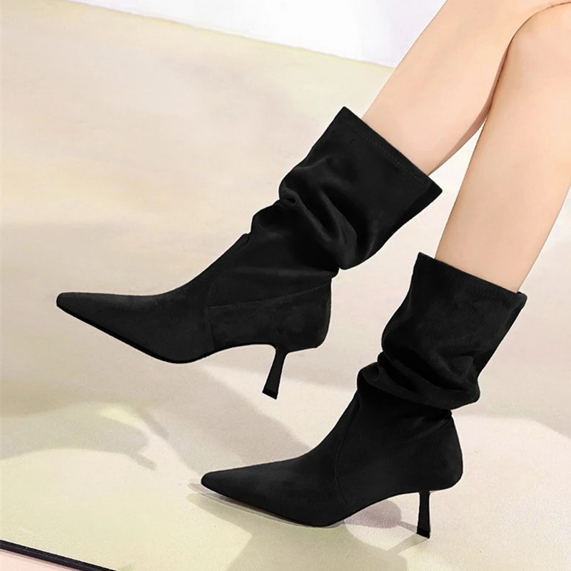 

2026 Fashion Pleated Elastic Suede Ankle Boots for Women Vintage Pointed Toe Low Thin Heels Shoes Autumn Winter Brown Booties