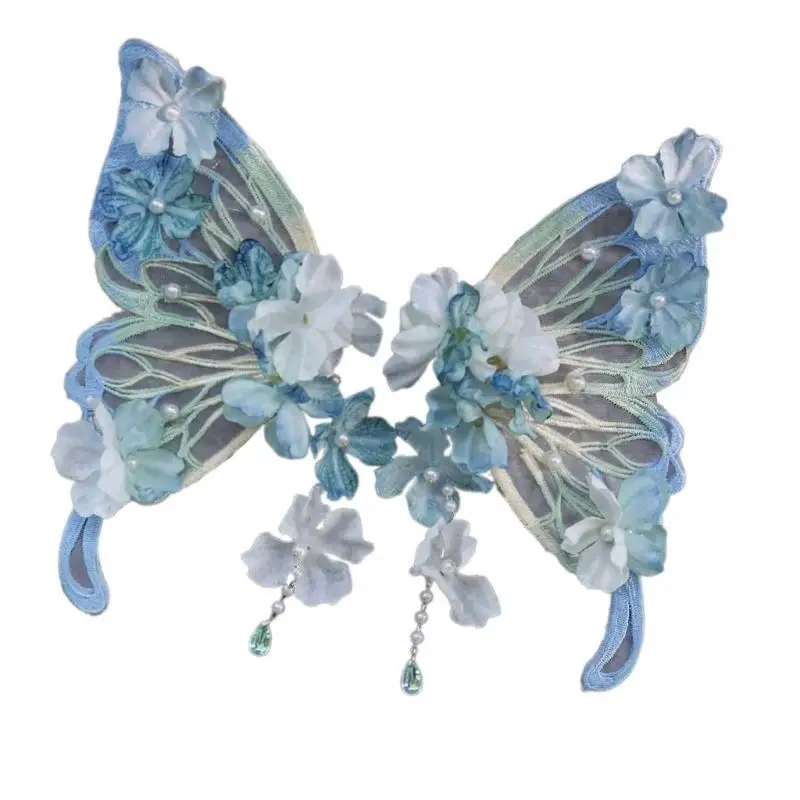 

P9FE Handmade Silk Flower Butterfly Hair Clip Side Barrettes for Chinese Han Costume