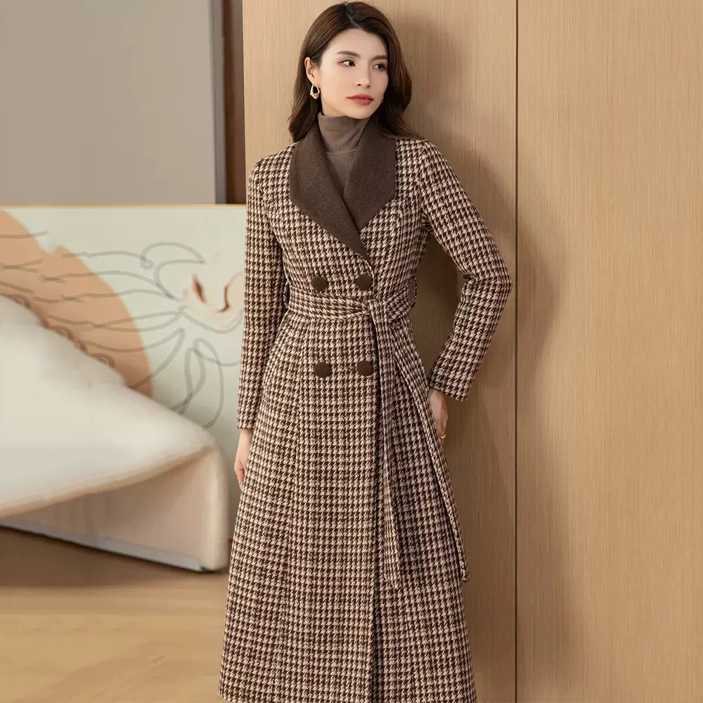 

New Women Brown Plaid Wool Blended Overcoat Autumn Winter Fashion Turn-down Collar Double Breasted Long Houndstooth Woolen Coat