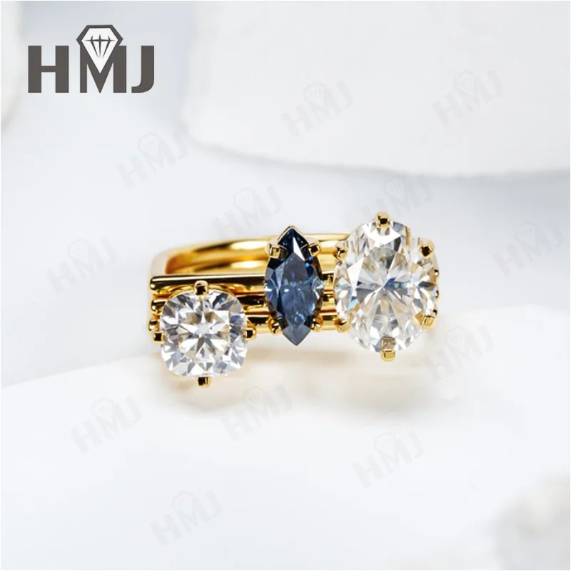 Genuine 925 Silver Rings Set Moissanite Lab Paraiba Sapphire Luxury Fine Jewelry for Women Party Wedding Gift Stackable Charms