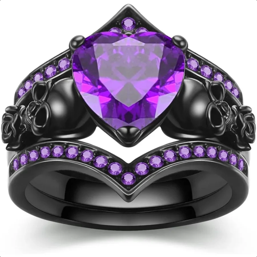 

Gothic Black Rose Flower Skull Engagement Ring Set Red Purple Heartshaped Zircon Crystal Wedding Anniversary Mother's Day Holid