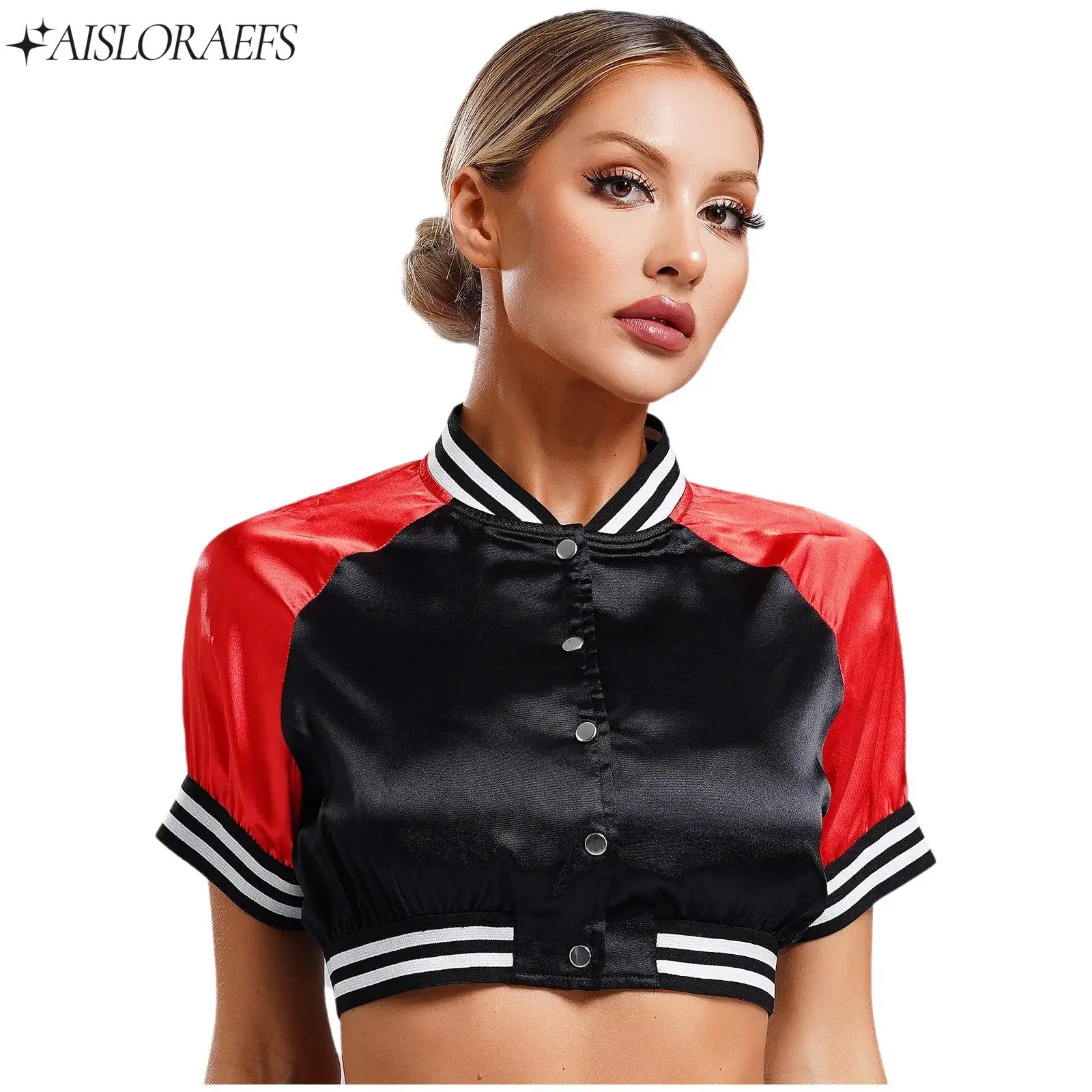 Women Jazz Dance Hip Hop Stylish Crop Satin Bomber Jacket Short Sleeve Button-up Striped Edge Contrast Varsity Jacket Outerwear