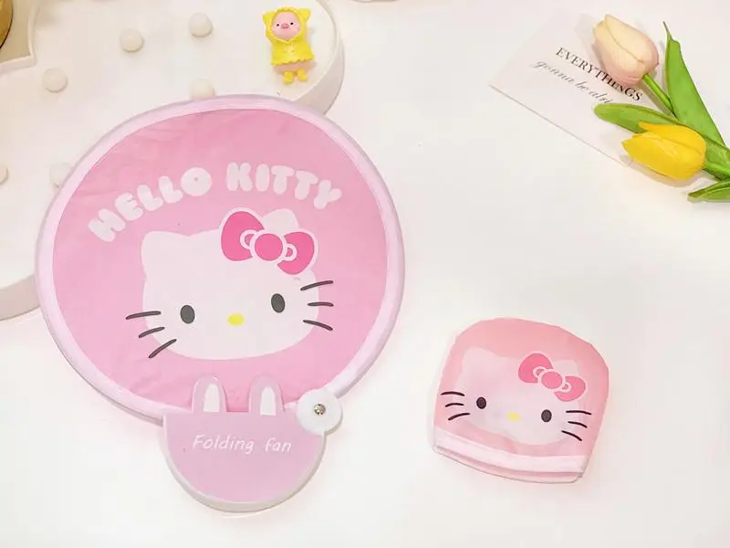 Sanrios kawaii desenhos animados olá kittys kuromi cinnamoroll minha melodia bonito pequeno ventilador dobrável ventilador redondo psiquiatra enviar saco de armazenamento