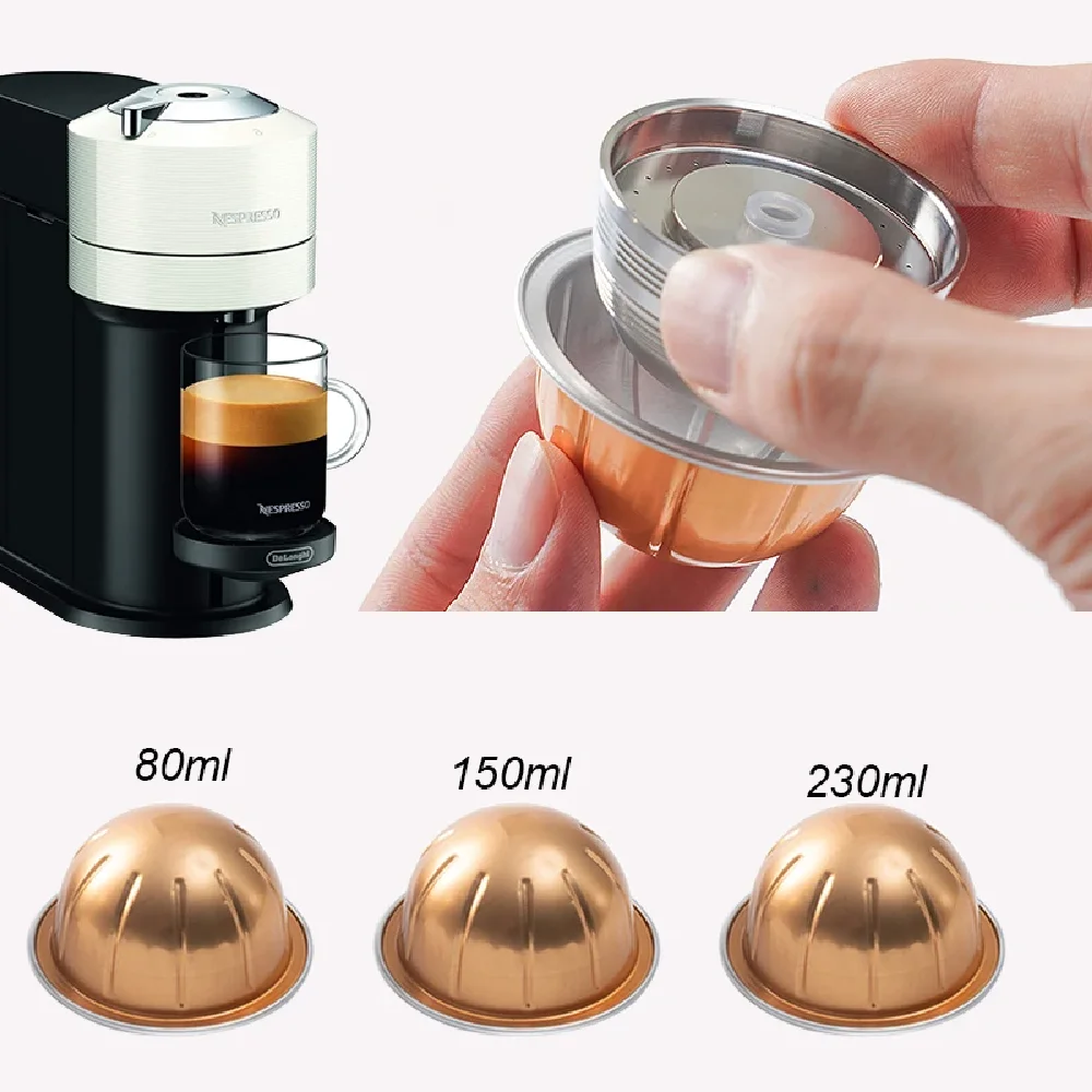 

Многоразовая капсула из нержавеющей стали для кофемашин Nespresso Vertuo Next Vertuoline, совместимая с оригинальными капсулами.