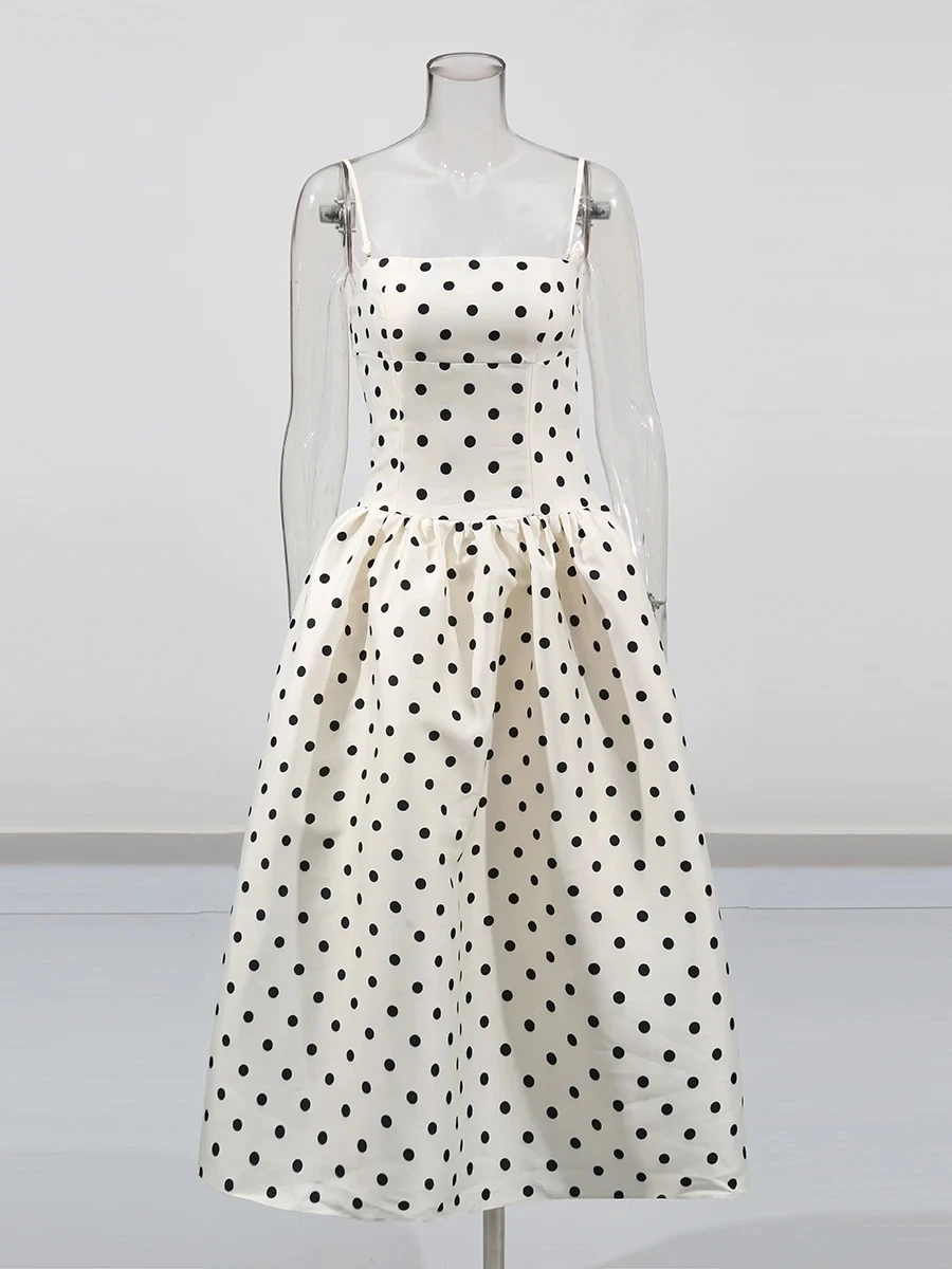 TWOTWINSTYLE 솔리드 슬리밍 스플 라이스 웨이브 포인트 여성을위한 우아한 드레스 스퀘어 넥 민소매 하이 웨이스트 드레스 여성 의류