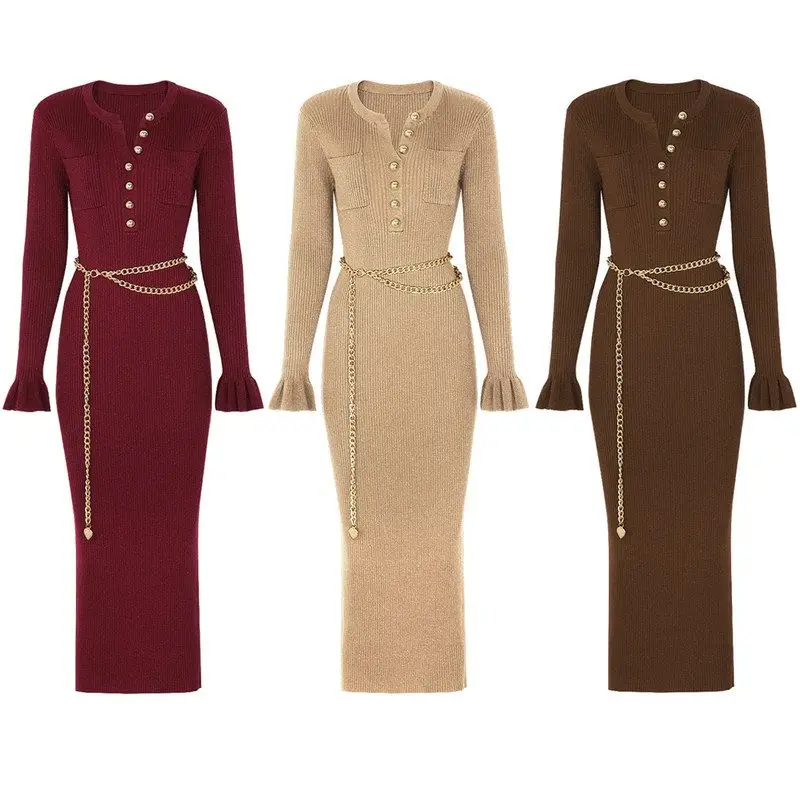 

High Quality Fashionable Knitted V-Neck Slimming Long Sleeve Dress with Chain Waist Belt Spring Autumn New Style Women's Dress