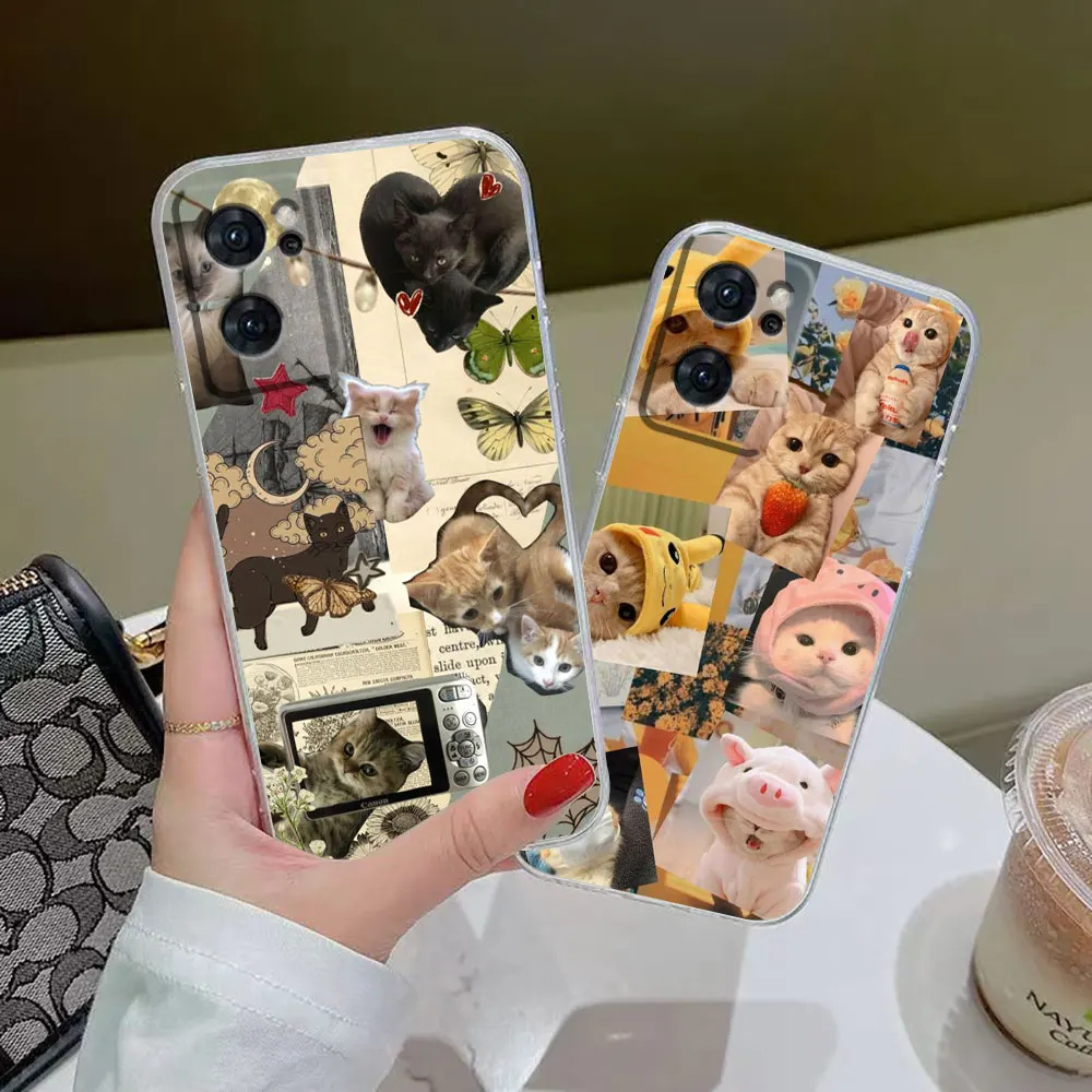 Transparent Clear Phone Case For OPPO RENO 9 8 7 6Z 6 5 4 3 2Z SE PRO PLUS 4G 5G Case Funda Coque Shell Line Art Funny Cute Cat