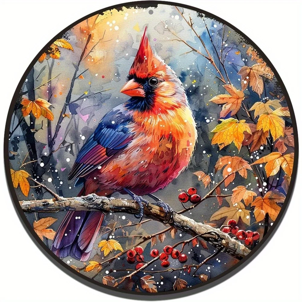 Round Aluminum Flat Sign, Winter Cardinal Themed, Themed Painted, Realistic Art, Office Room, Home Decorations, Wall Art Decor