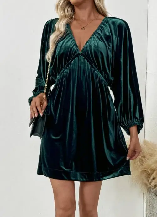 

2025 New Autumn/winter Elegant Retro Lantern Sleeve Drawn Deep V-Neck Velvet Dress for Women