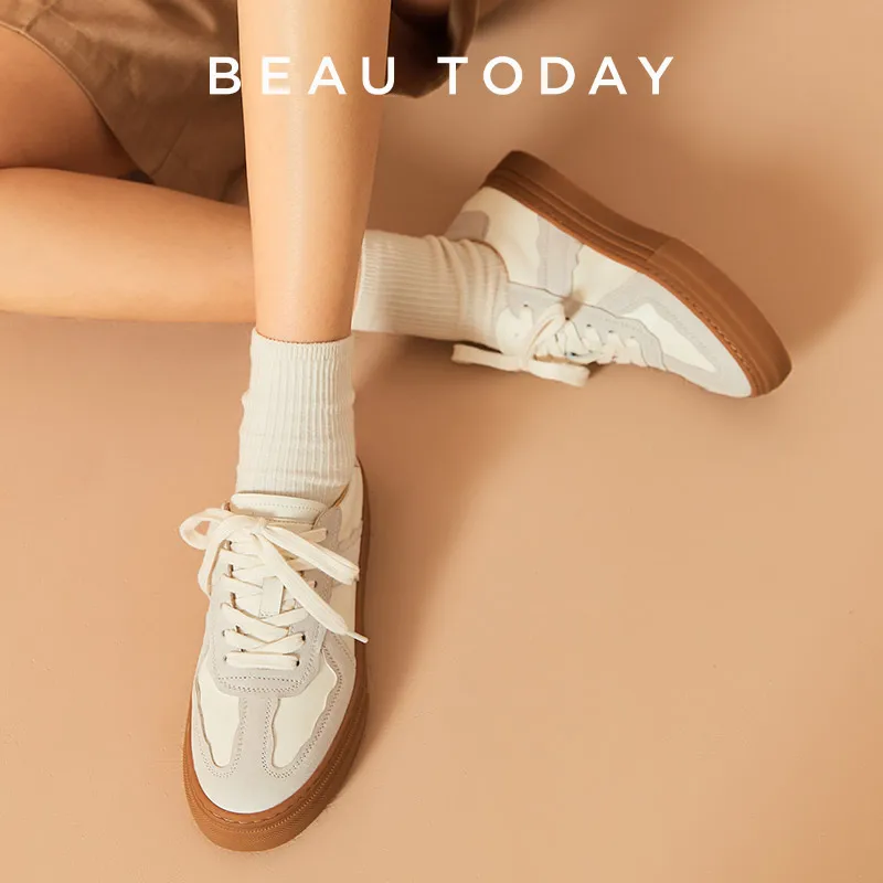 BeauToday Casual Sneakers Women Genuine Leather Patchwork Mixed Colors Lace-Up Round Toe Shoes Ladies Flats Handmade 29816