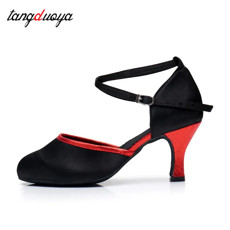 Latin dance shoes women black silk Tango Salsa Jazz Girl Ballroom professional dance shoes for women high heels 5/7cm Tangduoya