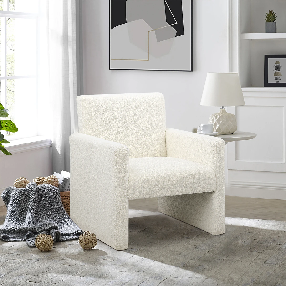 Accent Lounge Chair for Living Room Small Armchair Teddy Upholstered Single Sofa Sherpa Cream Chair Comfy Fluffy Arm Chair White