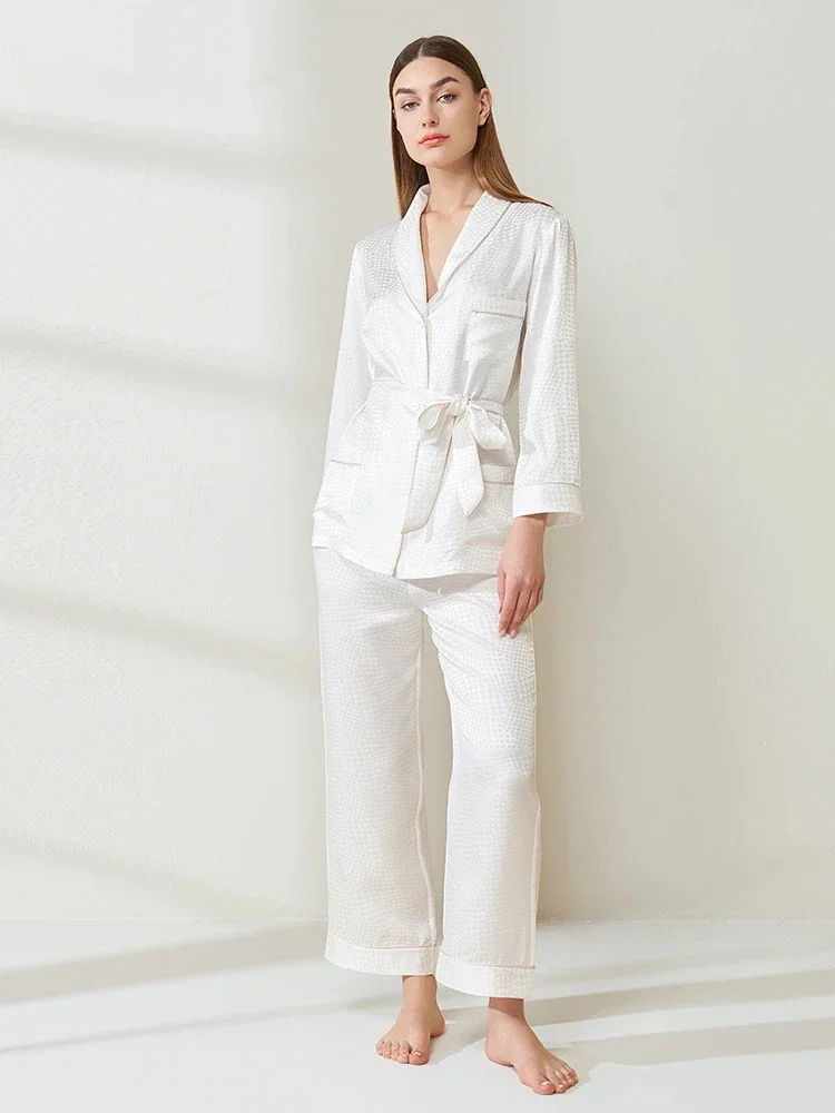 

Жаккардовые женские пижамы на шнуровке из натурального шелкового шелка с узором «гусиные лапки», 19 мм, брюки с длинными рукавами, пижамный костюм, повседневный кардиган, домашняя одежда