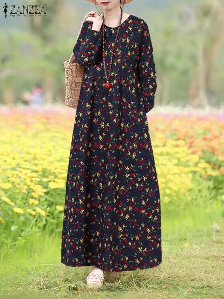 ZANZEA Long Sleeve Vintage Long Robes Casual Loose Elegant High Waist O neck Vestidos Floral Print Holiday Women Maxi Dress