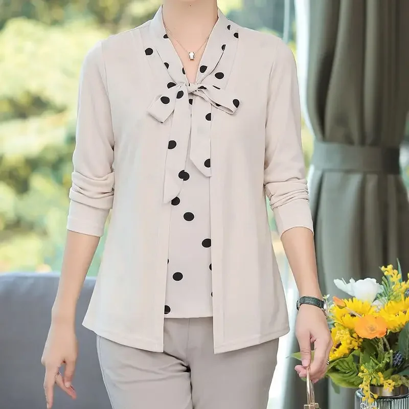 Fashion Women Long Sleeve Pullover Sweaters Spring Autumn New Streetwear Office Lady Bow Polka Dot Loose Casual 5XL Tops 2023