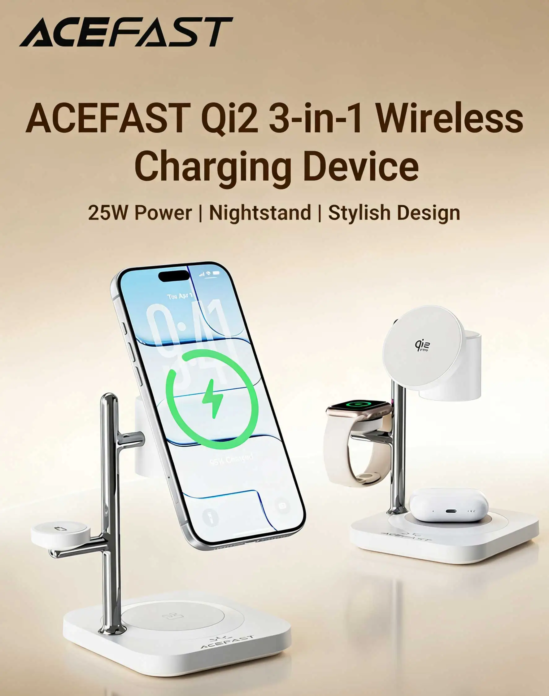 ACEFAST 4 in 1 Qi2 25 W Schnellladung magnetische kabellose Station für iPhone 17 16 Kopfhörer Uhr Ladeständer mit Nachtlicht – Detail 1