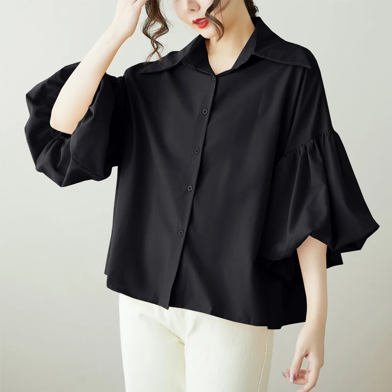 موضة فانوس كم قمصان بيضاء بدوره إلى أسفل طوق كم طويل فضفاض بلوزة كبيرة الحجم المرأة 2025 أزرار جديدة بلايز القمصان